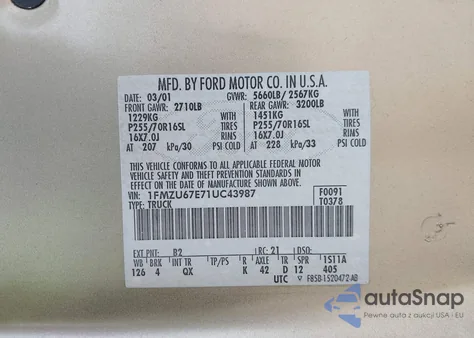 2001 Ford Explorer Sport Trac из США, поврежденный, VIN 1FMZU67E71UC43987